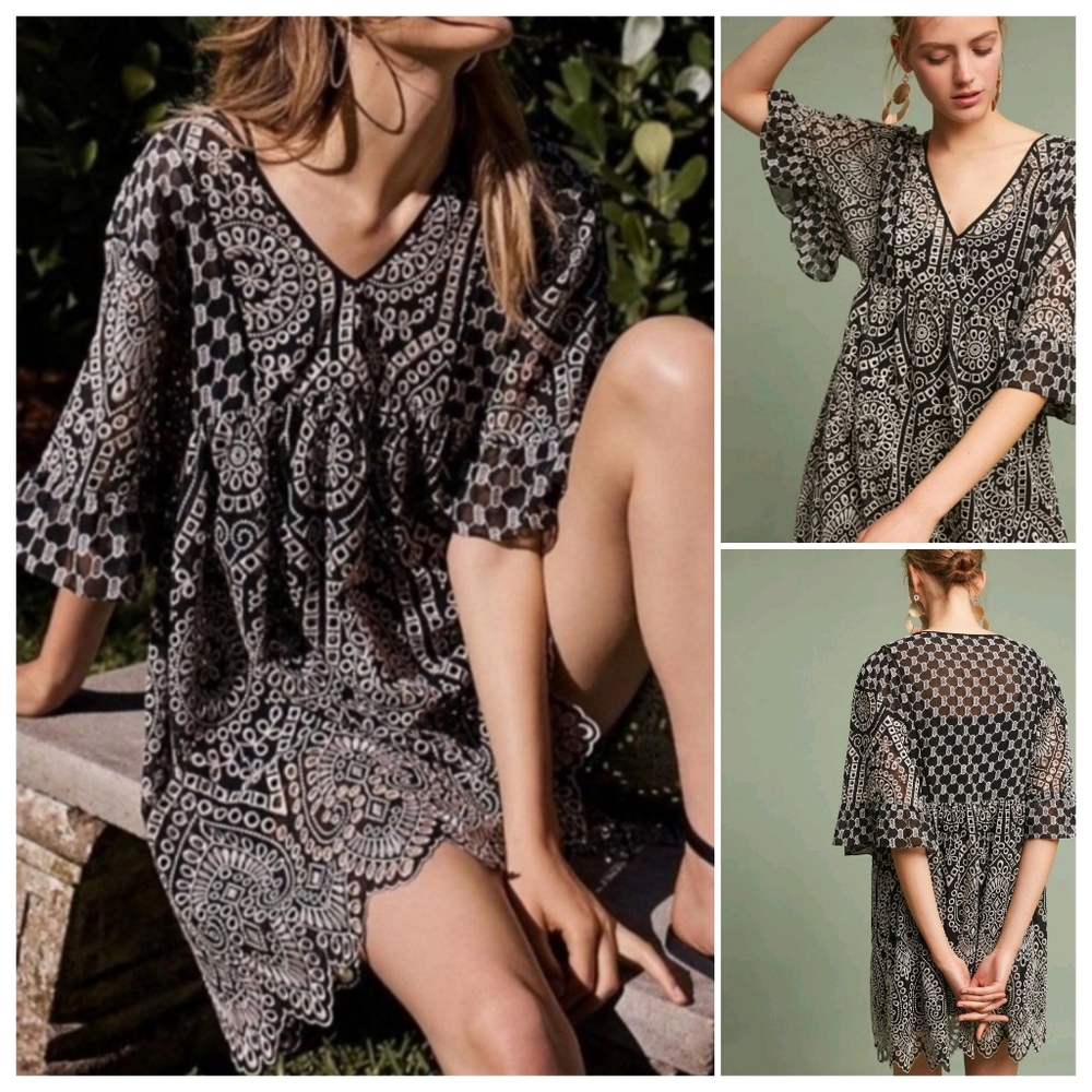 Antthropologie Akemi + Kin | Brooke Eyelet Scalloped Hem Mini Dress Black Motif